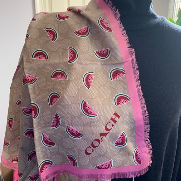 Coach Signature Pink Watermelon Square Silk Scarf - Picture 3 of 6